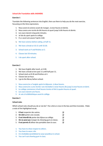 School life: GCSE French translation skills