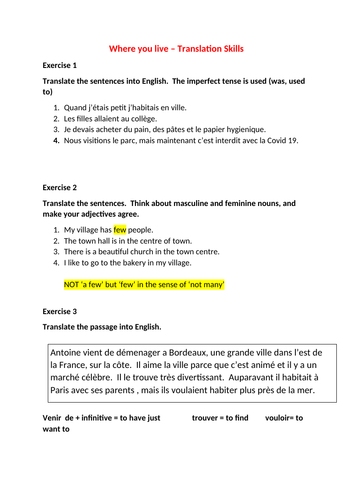 Where You Live Gcse French Translation Skills Teaching Resources