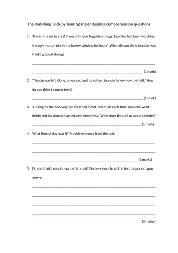 The Vanishing Trick by Jenni Spangler Reading comprehension questions – Inference focus