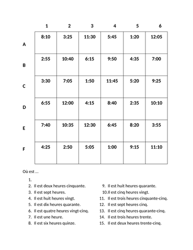 Heure (Time in French) Find it Worksheet Distance Learning