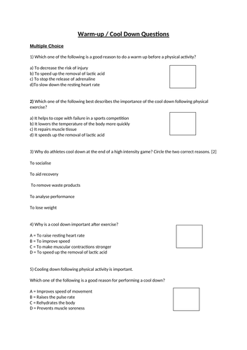 Warm-up and Cool down Questions for GCSE PE