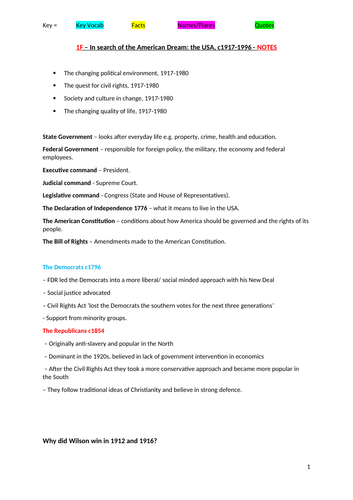 A* Edexel History A-Level Notes (1F- In search of the American Dream)
