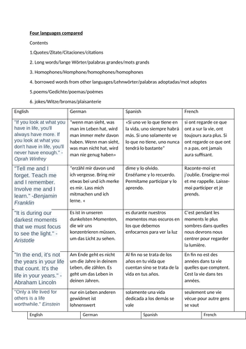 Four languages compared - English, Spanish, German, French