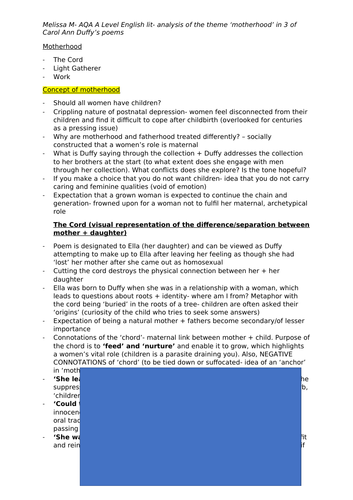 AQA A Level English lit- detailed analysis of Duffy's theme 'motherhood' (paper 2)