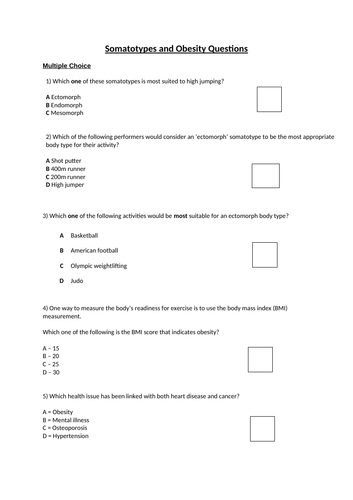 Somatotypes and Obesity Questions for GCSE PE