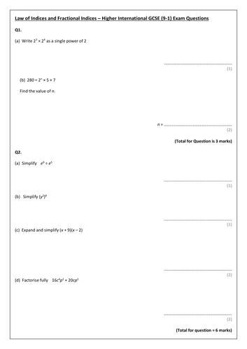 International GCSE (9-1) Law of Indices and Fractional Indices Exam Pack