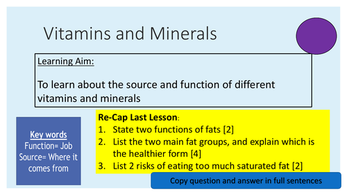KS3 Vitamins and Minerals Remote Learning