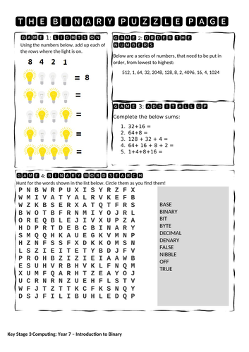 Binary Puzzle Game - Year 7