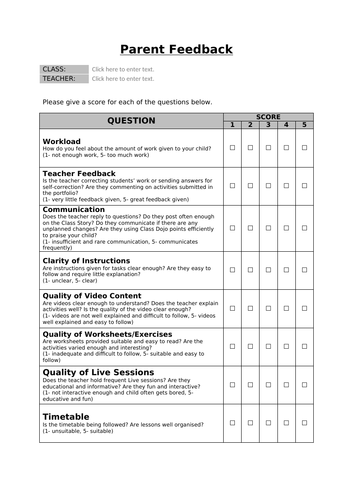 Parent Feedback Form - Distance Learning