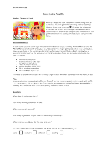 Roblox Reading Comprehension Activities Adopt Me Teaching Resources - roblox activity sheet