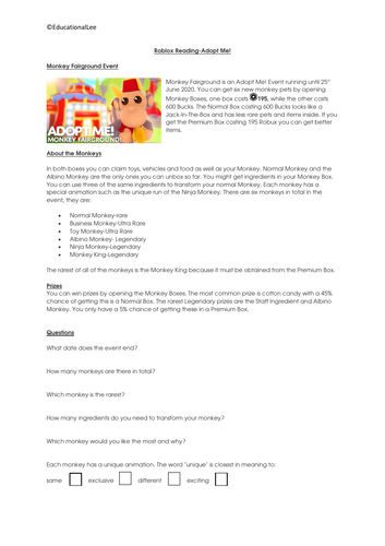 Roblox Reading Comprehension Activities Adopt Me Teaching Resources - roblox activities