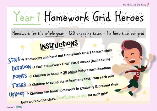 Year 1 Homework Grid Heroes