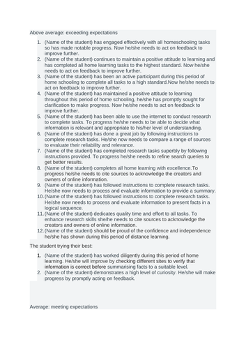 Report comments for home learning and distance learning.