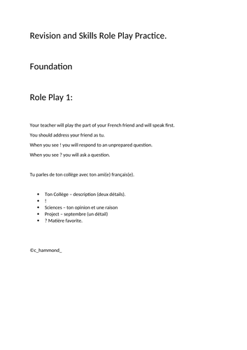 AQA GCSE French Role Play Foundation Practice Sheets