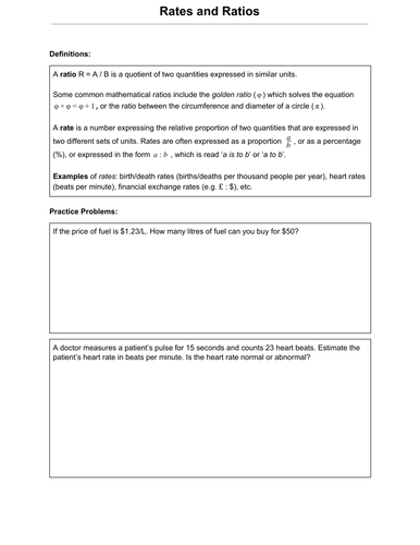 Rates and Ratios Worksheet with Problems and Solutions (.pdf)