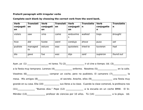 Irregular preterit verbs paragraph (Spanish)
