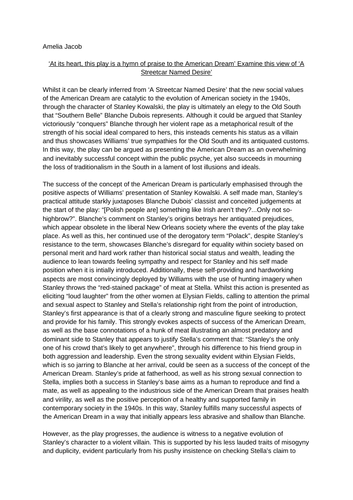 Example 'A Streetcar Named Desire' essay