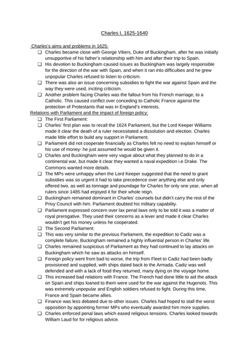 Charles I, 1625-1640 OCR History notes