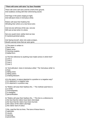 "There Will Come Soft Rains" Sara Teasdale HW Quiz Guided Reading Multiple Choice