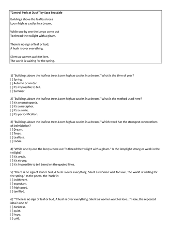 Poetry "Central Park at Dusk" Sara Teasdale HW Quiz Pre-reading Guided Reading