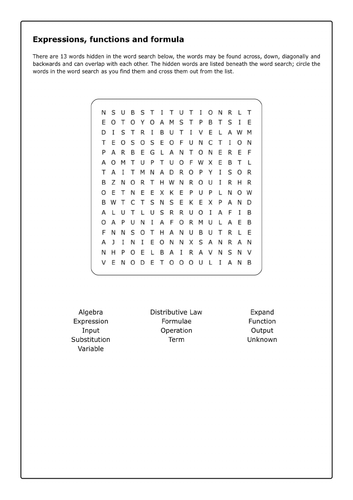 Mathematics Wordsearch - Expressions, functions and formula