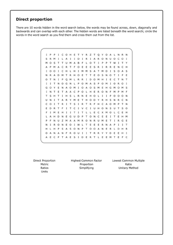 Mathematics Word search - Direct proportion