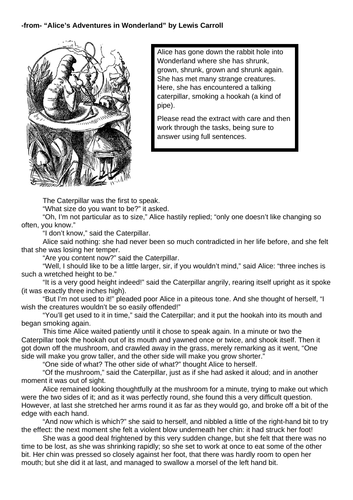 "Alice in Wonderland" Fiction Lewis Carroll CRR Comprehension Cover HW Home learning Reading