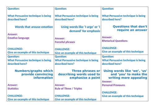 KS3 / KS4 English - Quiz Quiz Trade Cards - Persuasive Techniques - Great Revision