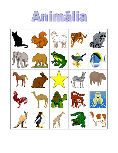 Animālia (Animals in Latin) Bingo