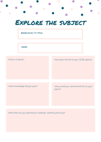 Book/ Film/ Documentary review worksheet "Explore the subject"
