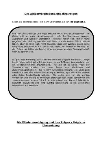 Die Wiedervereinigung und ihre Folgen - translation into English for AQA A Level German