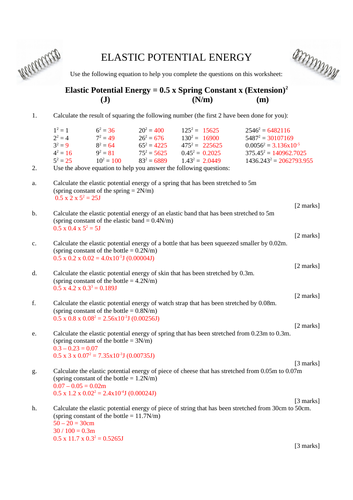 GCSE Physics Elastic Potential Energy Calculation Worksheet with