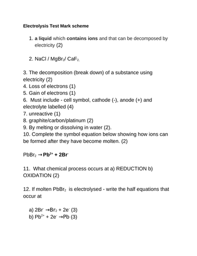 Electrolysis quick test with markscheme