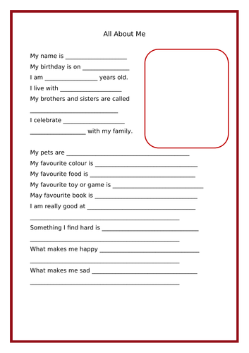 All About Me Template Teaching Resources
