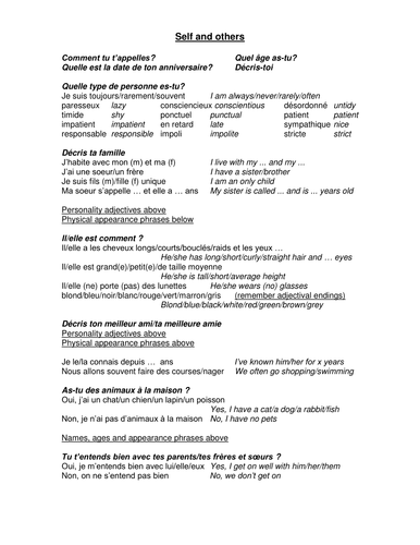 GCSE French help sheet - personal information