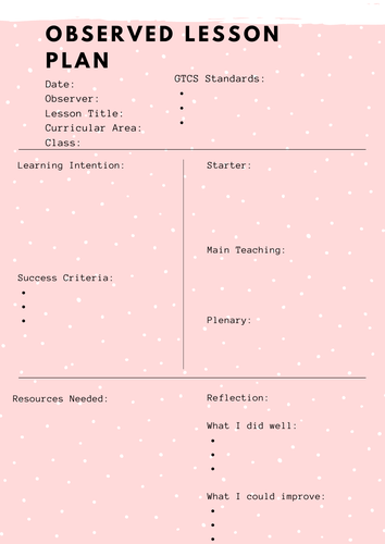 Observed Lesson Printable Planning Sheet PDF