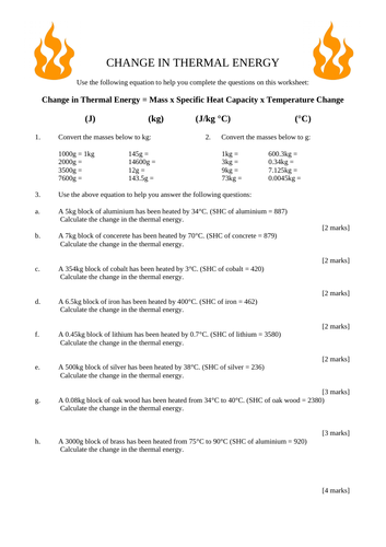 GCSE Physics Change in Thermal Energy Calculation Worksheet with