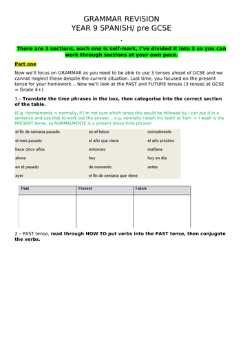 Year 9/ pre GCSE Spanish GRAMMAR! Past present + both future tense revision workbook WITH ANSWERS