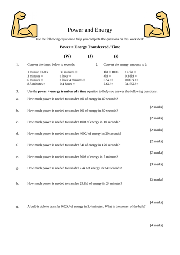 GCSE Physics Power and Energy Transferred Calculations Worksheet with