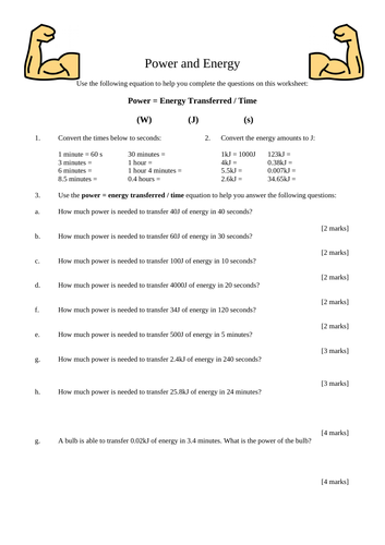 Gcse Physics Power And Energy Transferred Calculations Worksheet With Answers Teaching Resources 3682