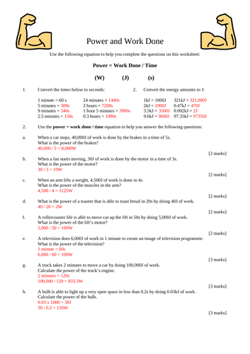 GCSE Physics Power and Work Done Calculations Worksheet with Answers