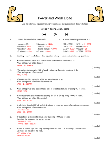 GCSE Physics Power And Work Done Calculations Worksheet With Answers Teaching Resources