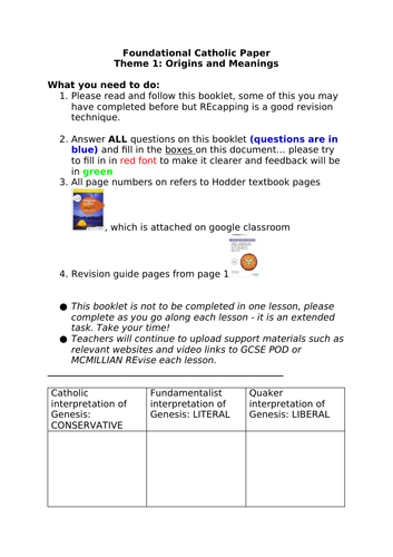 Eduqas Origins and Meanings Home Learning Booklet