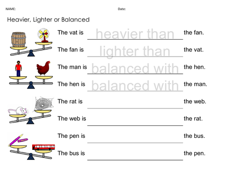 Mass and Weight and CVC words Heavier Lighter Balanced with balance scale
