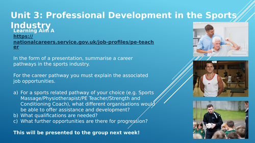 BTEC Sport Level 3 NQF Unit 3 Learning Aims A and B (Professional Development in the Sports Industry