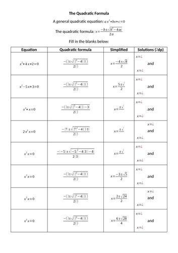 The Quadratic Formula Teaching Resources