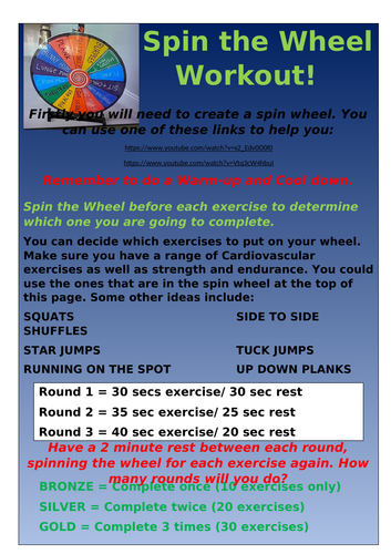 Spin the Wheel Workout Teaching Resources