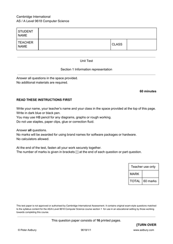 Information Representation Test for Cambridge Int AS/A Level Computer Science