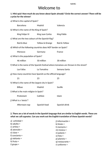 Welcome to Spanish - activity worksheet and word search