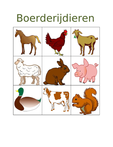 Boerderijdieren (Farm Animals in Dutch) Bingo